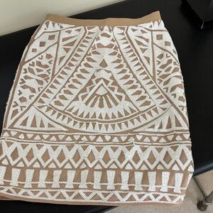 Elegant Tan and White Patterned Skirt .  Pull on elastic waist